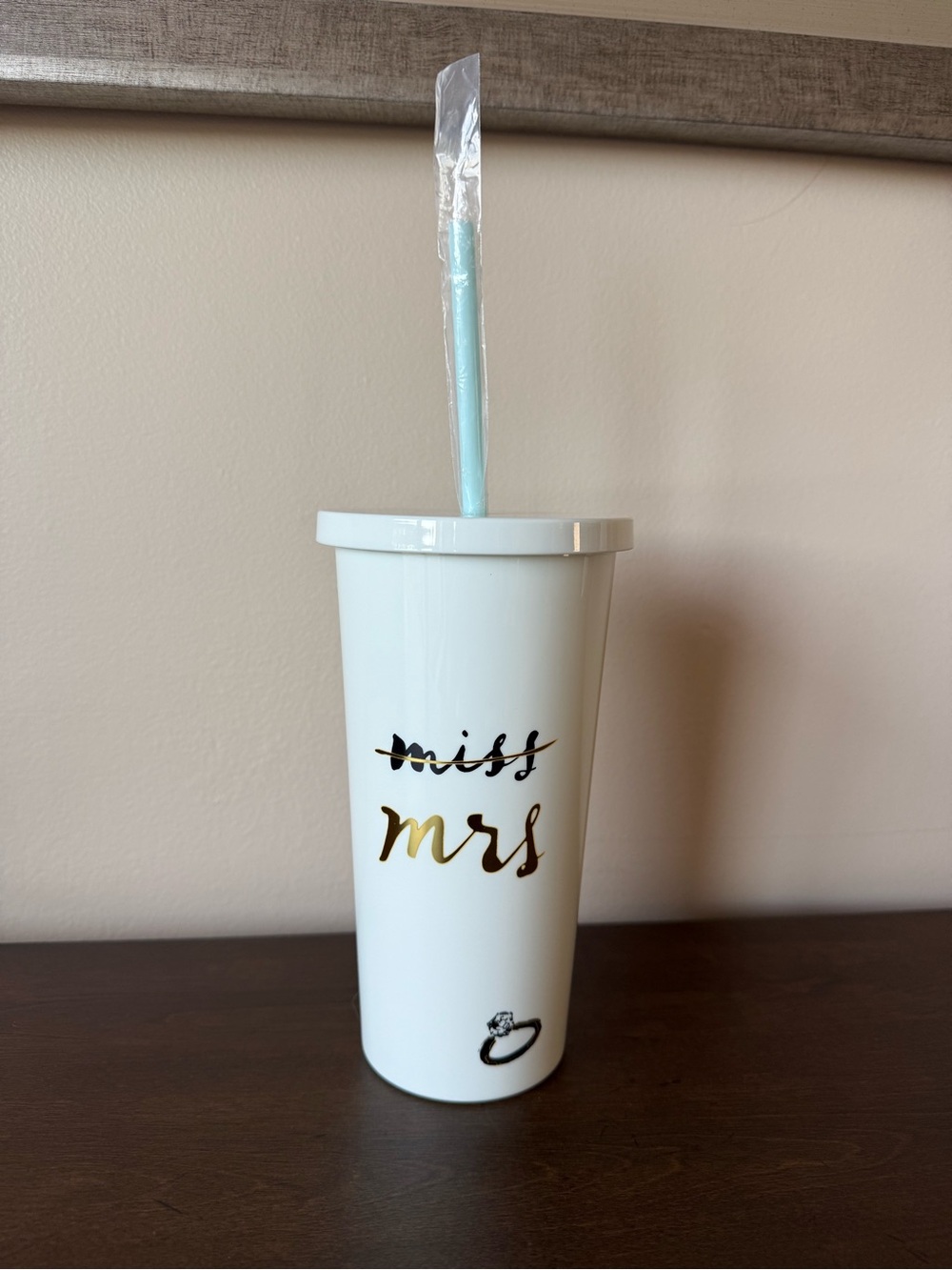 New Kate Spade White "miss" "mrs" Gold Accent Tumbler with Ring Graphic